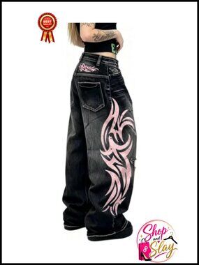 Y2K Baggy Wide Leg High Rise Totem Print Jeans Pull On Denim